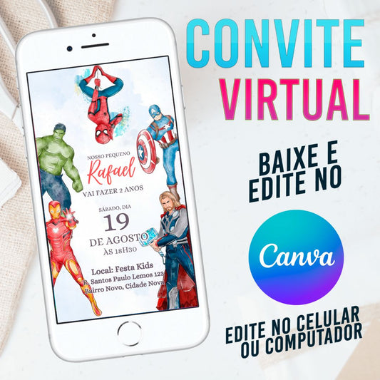 Vingadores Aquarela convite Editável no Canva. Convite Virtual Vingadores Aquarela. Convite Virtual Vingadores Aquarela Template Canva.
