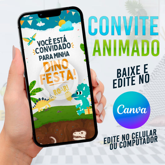 Dinossauro Baby Convite Animado editável no Canva. Festa Dinossauro Baby. Convite animado Dinossauro Baby. Template Convite Dinossauro Baby.