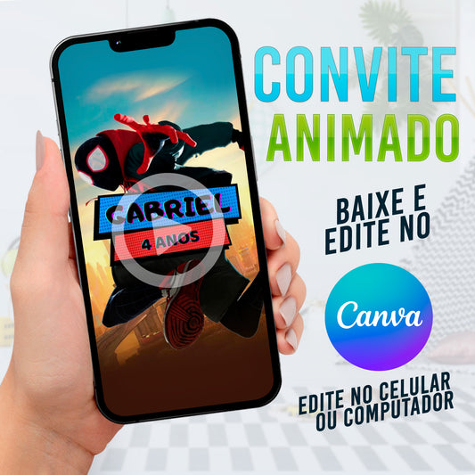 Homem-Aranha Miles Morales Convite Animado Editável no Canva. Convite Miles Morales. Template Canva. Template convite Canva.