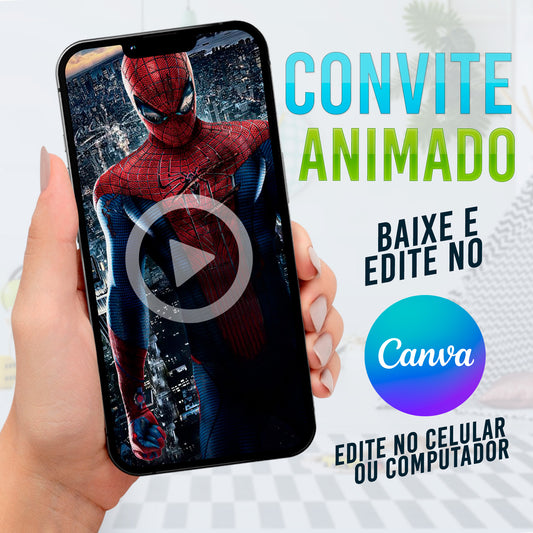 Homem-Aranha Convite Animado editável no Canva. Festa Homem-Aranha. Convite animado Homem-Aranha. Template Convite Homem-Aranha.