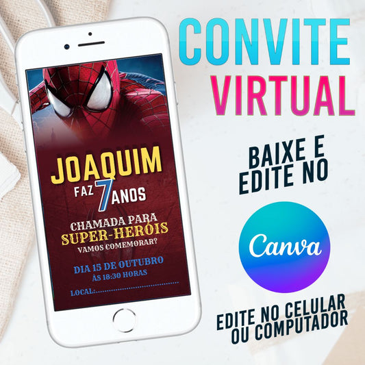 Homem Aranha convite Editável no Canva. Convite Virtual Homem Aranha. Convite Virtual Homem Aranha Template Canva.
