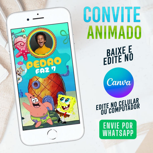 Convite Bob Esponja Fenda do Biquíni - Festa da fenda do biquíni Divertida