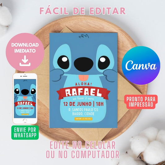 Stitch Convite Virtual editável no Canva. Convite Digital Stitch editável no Canva. Convite Stitch WhatsApp template Canva.