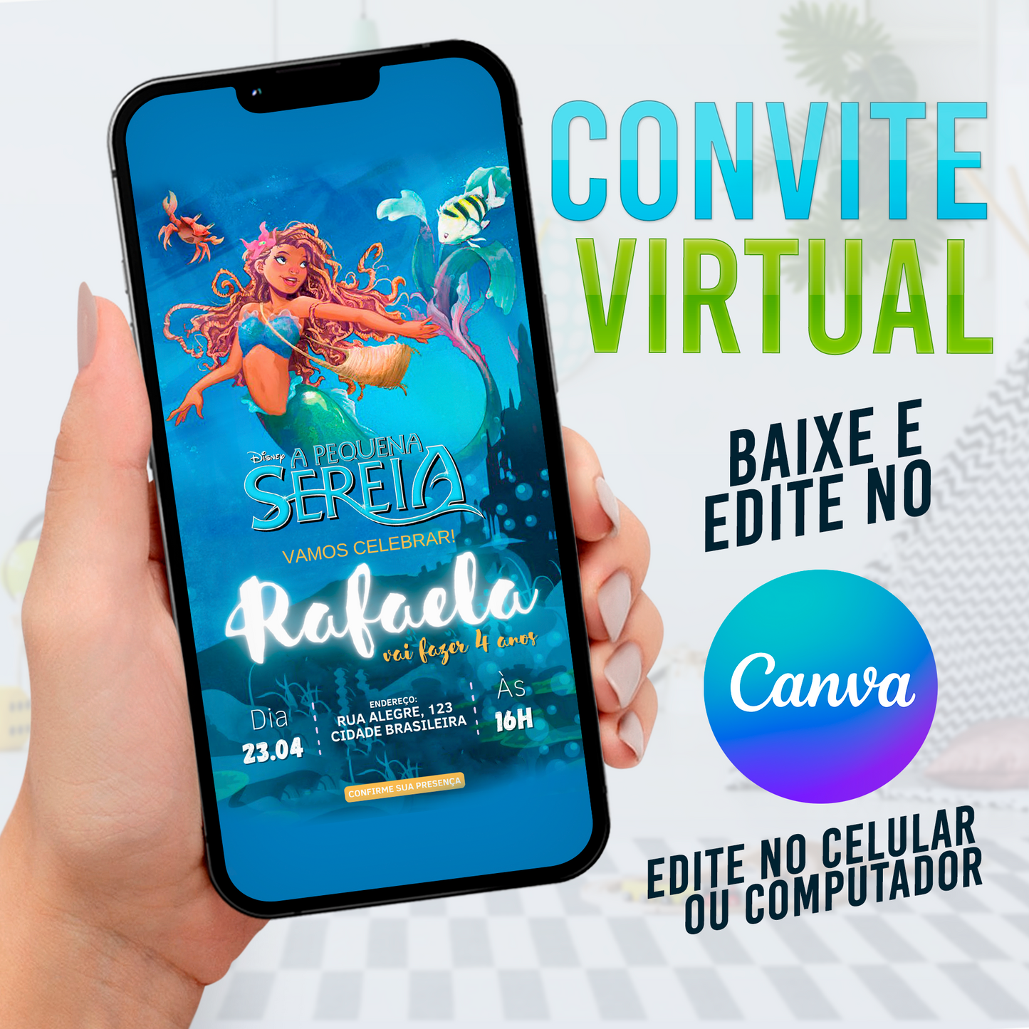 Pequena Sereia Convite Virtual. Convite Pequena Sereia. A pequena sereia. 001
