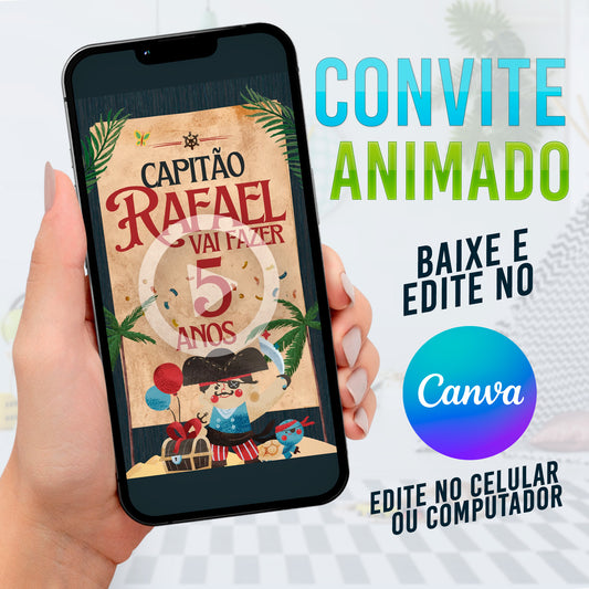 Piratas Convite Animado editável no Canva. Festa Piratas . Convite animado Piratas . Template Convite Piratas.