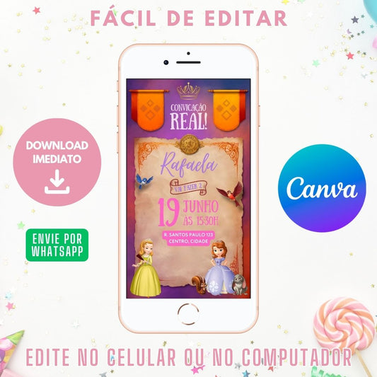 Princesa Sofia Convite Virtual. Convite Digital Princesa Sofia. Convite Princesa Sofia WhatsApp.
