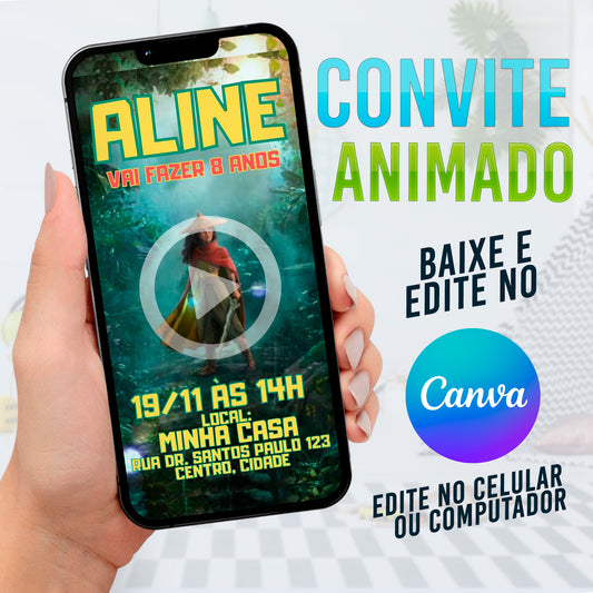 Raya e o Último Dragão Convite Animado editável no Canva. Festa Raya e o Último Dragão. Convite animado Raya e o Último Dragão. Template Convite Raya e o Último Dragão.