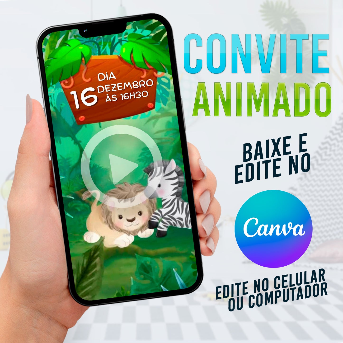 Safari Baby Convite Animado editável no Canva. Festa Safari Baby. Convite animado Safari Baby. Template Convite Safari Baby. 01