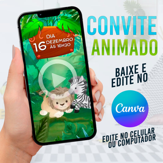 Safari Baby Convite Animado editável no Canva. Festa Safari Baby. Convite animado Safari Baby. Template Convite Safari Baby. 01
