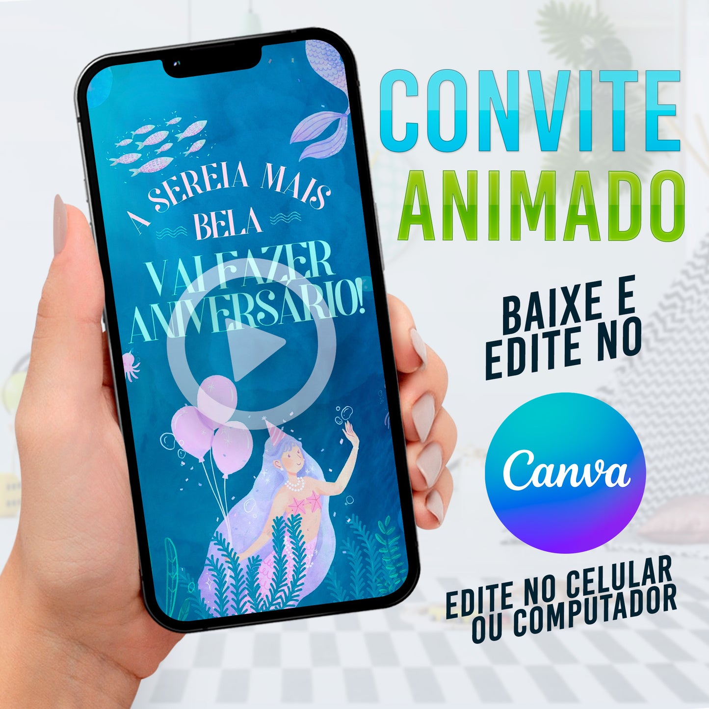 Sereia Convite Animado editável no Canva. Convite Sereia. Festa Sereia.