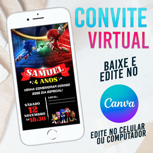 Sonic O Filme convite Editável no Canva. Convite Virtual Sonic O Filme. Convite Virtual Sonic O Filme. Template Canva.