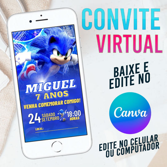 Sonic O Filme convite Editável no Canva. Convite Virtual Sonic O Filme. Convite Virtual Sonic O Filme. Template Canva. (cópia)