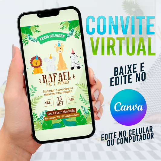 Convite Safari Aquarela no CANVA. Convite Virtual Safari. Festa Safari. Ideia Festa Safari. Template Canva SAFARI002