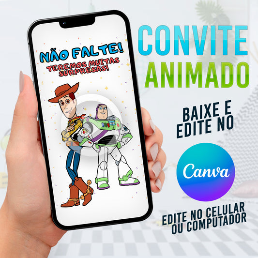 Toy Story Convite Animado editável no Canva. Festa Toy Story. Convite animado Toy Story. Template Convite Toy Story. 01