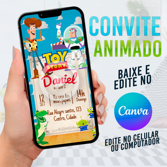 Toy Story Convite Animado editável no Canva. Festa Toy Story. Convite animado Toy Story. Template Convite Toy Story. 02