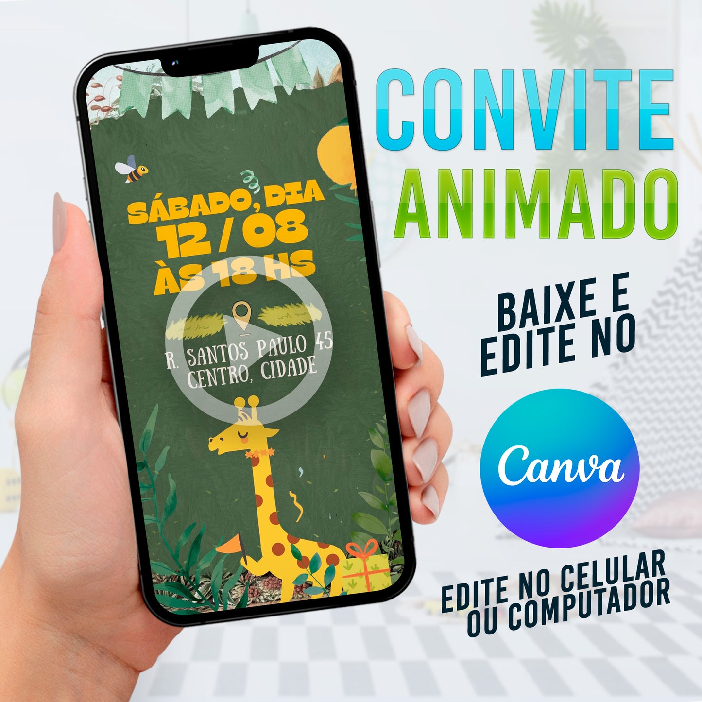 Safari Baby Convite Animado editável no Canva. Festa Safari Baby. Convite animado Safari Baby. Template Convite Safari Baby. 02