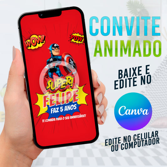 Vingadres Baby Convite Animado editável no Canva. Festa Vingadores Baby. Convite animado Vingadores Baby. Template Convite Vingadores.