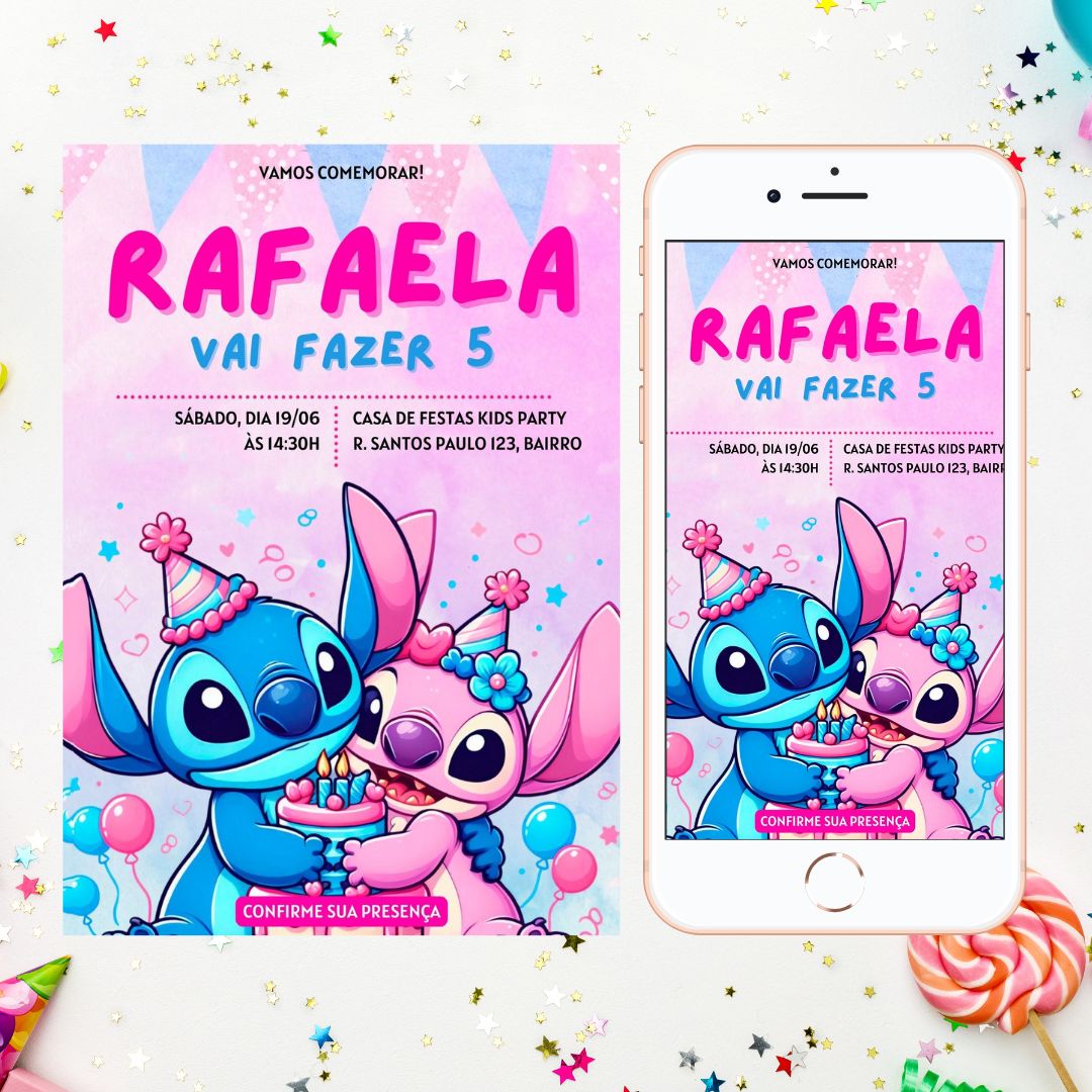 Lilo e Stitch Convite Virtual editável no Canva. Lilo e Convite Digital Lilo e Stitch editável no Canva. Convite Lilo e Stitch WhatsApp template Canva.