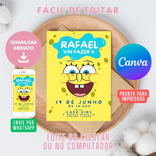 Bob Esponja Convite Virtual. Convite Digital Bob Esponja. Convite Bob Esponja WhatsApp.