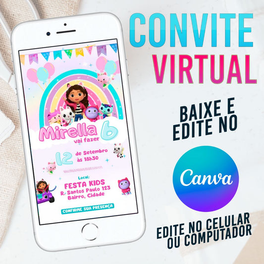 Casa Mágica da Gabby Aquarela convite Editável no Canva. Convite Virtual  Casa Mágica da Gabby. Convite Virtual Casa Mágica da Gabby Template Canva.