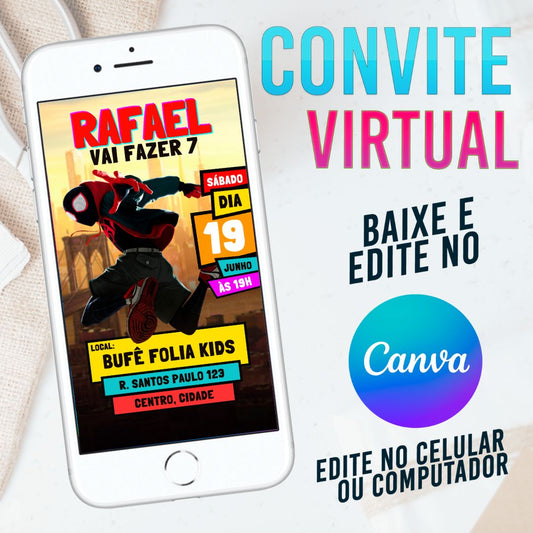 Miles Morales Homem-aranha convite Editável no Canva. Convite Virtual Miles Morales Homem-aranha. Convite Virtual Miles Morales Homem-aranha Template Canva.