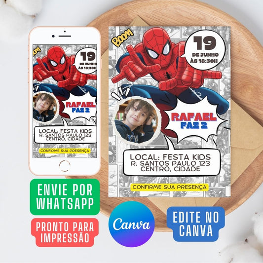 Convite Homem-Aranha Herói em Quadrinho - Festa Super-Herói Personalizada