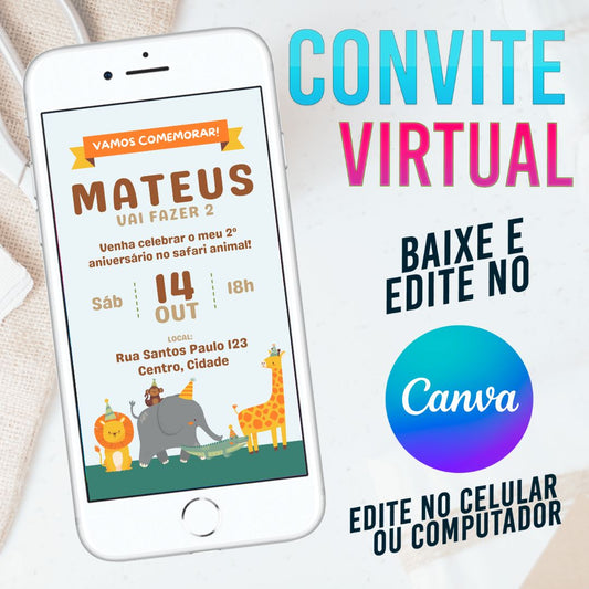 Convite Safari editável no CANVA. Convite Virtual Safari. Festa Safari. Ideia Festa Safari. Template Canva Safari 0003
