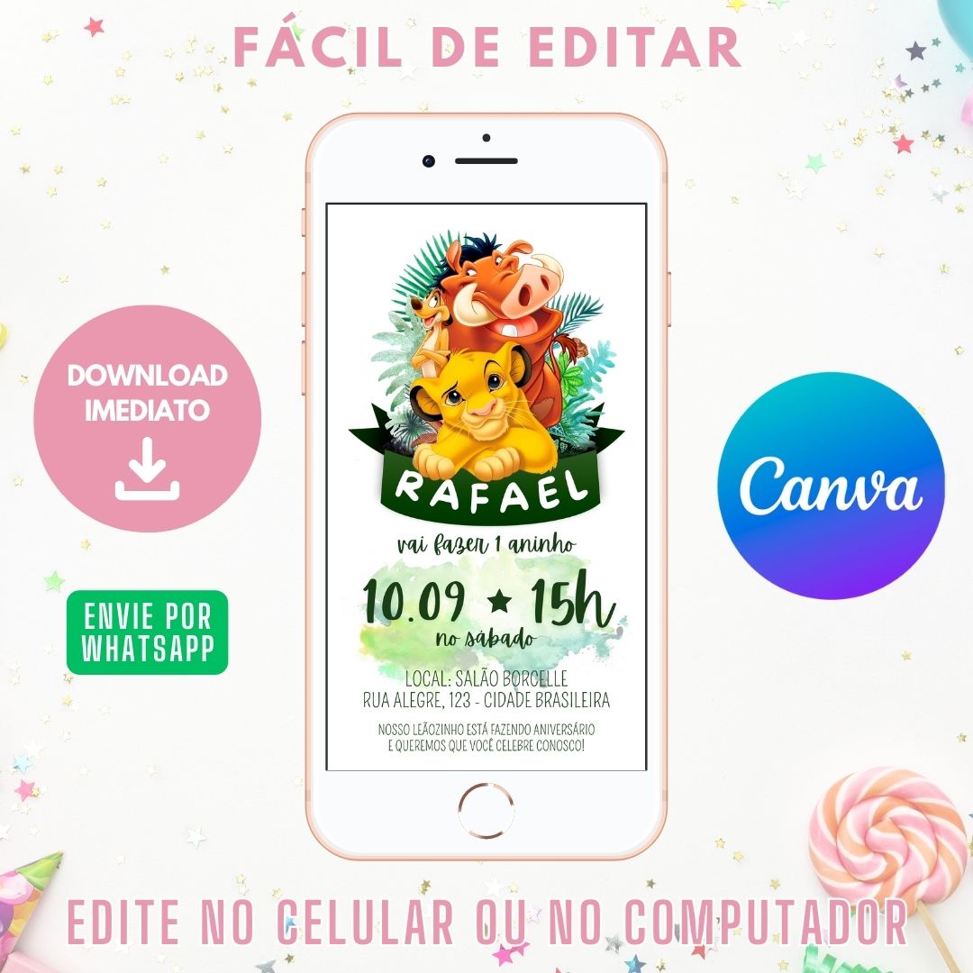 Simba Convite Virtual. Convite Digital O Rei Leão. Convite O Rei Leão WhatsApp. Convite Simba. Decoração O Rei Leão.