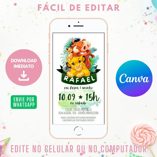 Simba Convite Virtual. Convite Digital O Rei Leão. Convite O Rei Leão WhatsApp. Convite Simba. Decoração O Rei Leão.