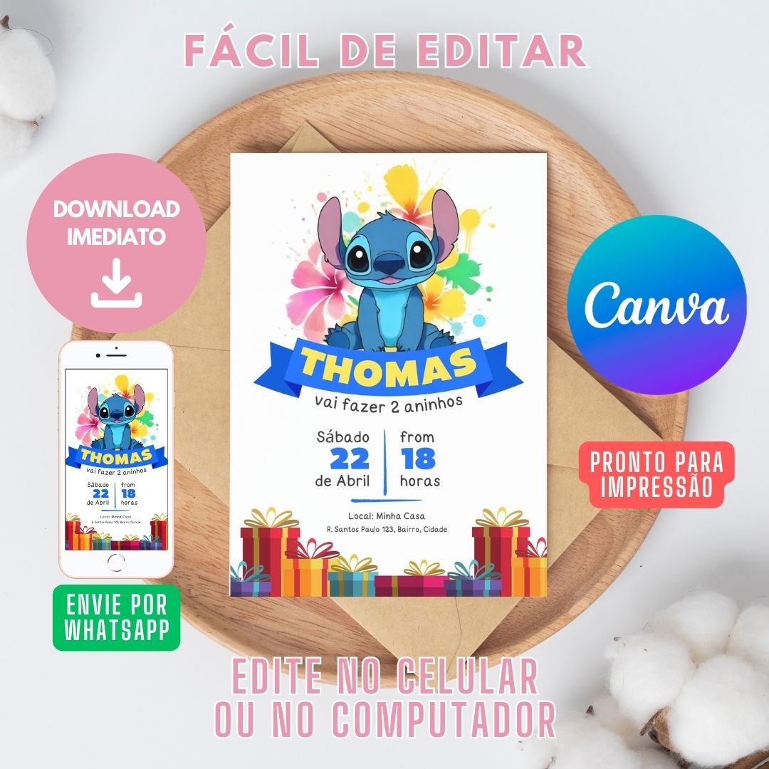 Stitch Aquarela Convite Virtual editável no Canva. Convite Digital Stitch editável no Canva. Convite Stitch WhatsApp template Canva.