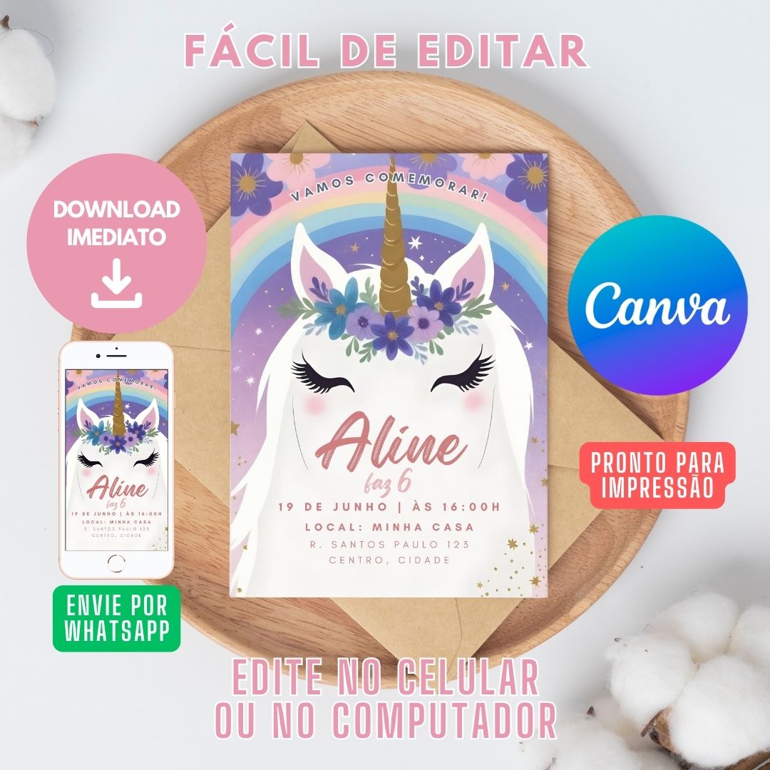 Unicórnio Convite Virtual. Convite Digital Unicórnio . Convite Unicórnio WhatsApp. 0002