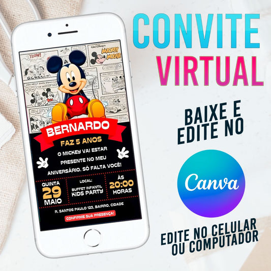 Mickey Convite Virtual. Convite Digital Mickey. Convite Mickey WhatsApp.