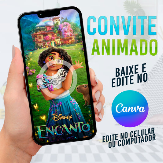 Encanto Convite Animado editável no Canva. Festa Encanto. Convite animado Encanto. Template Convite Encanto.