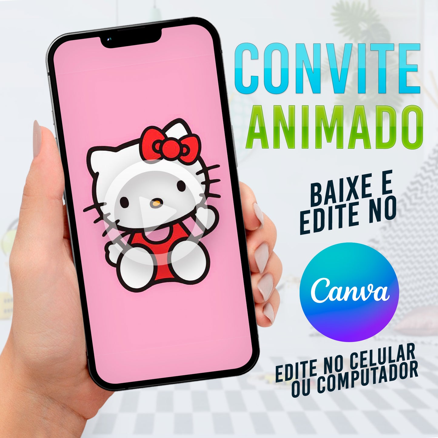 Hello Kitty Convite animado editável no Canva. Convite de Aniversário Hello Kitty.