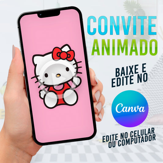 Hello Kitty Convite animado editável no Canva. Convite de Aniversário Hello Kitty.