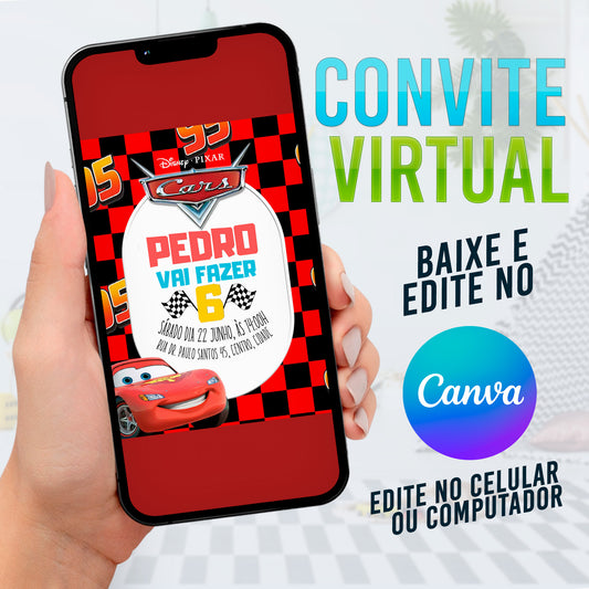 Convite Virtual Carros editável no Canva. Template convite Canva