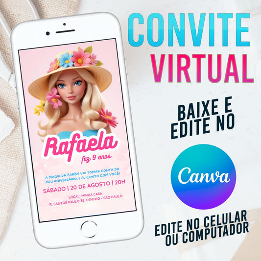 Barbie convite Editável no Canva. Convite da Barbie para editar no Canva. Convite Virtual Barbie Template Canva.