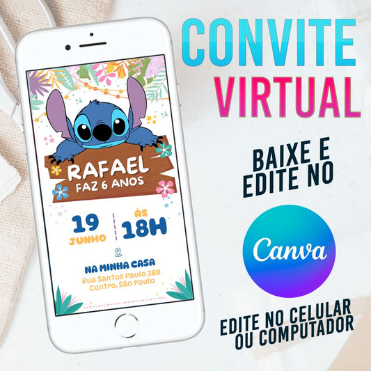 Stitch convite Editável no Canva. Convite Virtual Stitch. Convite Virtual Stitch Template Canva.