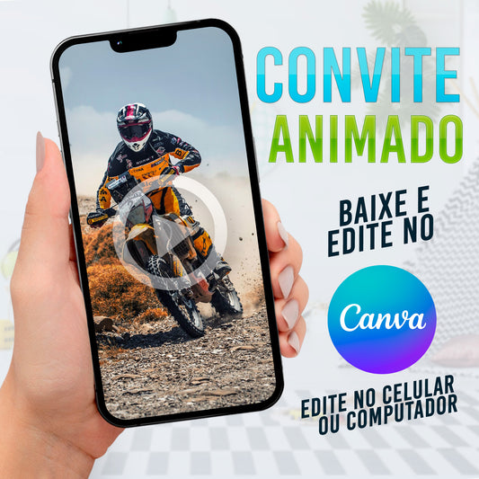 Motocross Convite Animado editável no Canva. Convite Motocross. Festa Radical.
