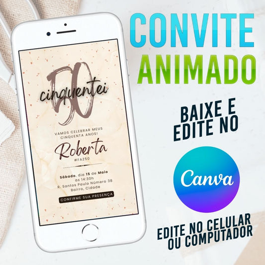 Convite Aniversário 50 anos Animado editável no Canva. Convite Aniversário Virtual. Cinquentei.