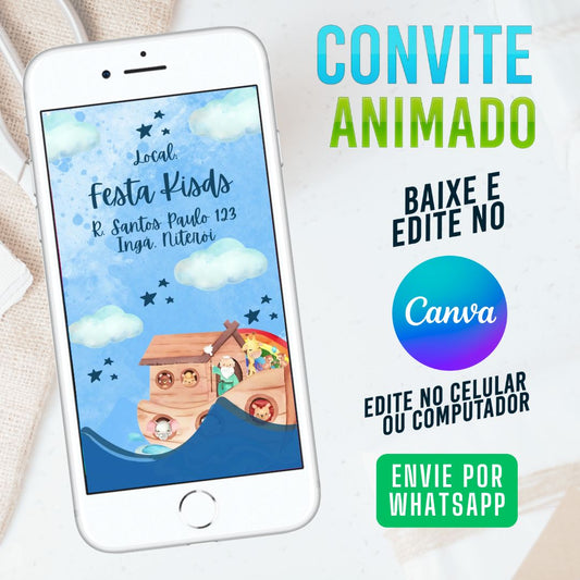 Arcade Noé convite animado template canva