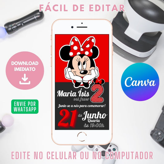 Minnie Vermelha Convite Animado editável no Canva. Festa Minnie Vermelha. Convite animado Minnie Vermelha Template