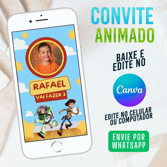 Toy Story Convite Animado editável no Canva. Festa Toy Story. Convite animado Toy Story Template Canva. Convite Buzz Light Year.