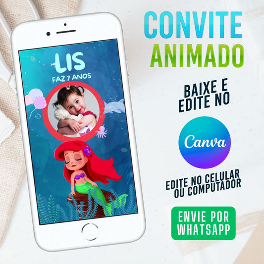 Ariel Baby Pequena Sereia Convite Animado editável no Canva. Festa Ariel Pequena Sereia. Convite animado Ariel Pequena Sereia Template Canva.