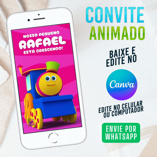 Bob o Trem Convite Animado editável no Canva. Festa Bob o Trem. Convite animado Bob o Trem. Template Convite Bob o Trem.