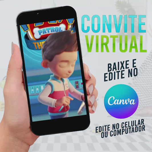 Convite Virtual Patrulha Canina no CANVA. Convite Editável no Canva. Template convite Canva