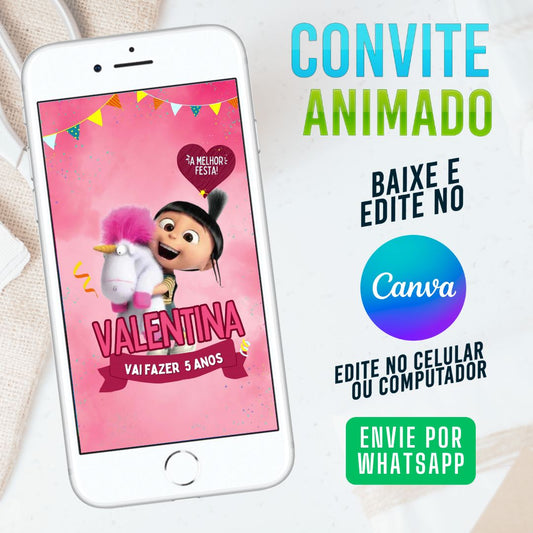 Agnes Monstros SA Convite Animado editável no Canva. Festa Agnes Monstros SA. Convite animado Agnes Monstros SA Template Canva.