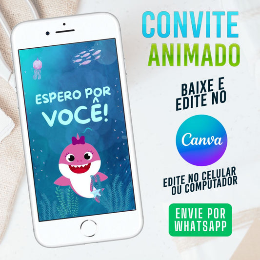 Baby Shark Convite Animado editável no Canva. Festa Baby Shark. Convite animado Baby Shark. Template Convite Baby Shark.