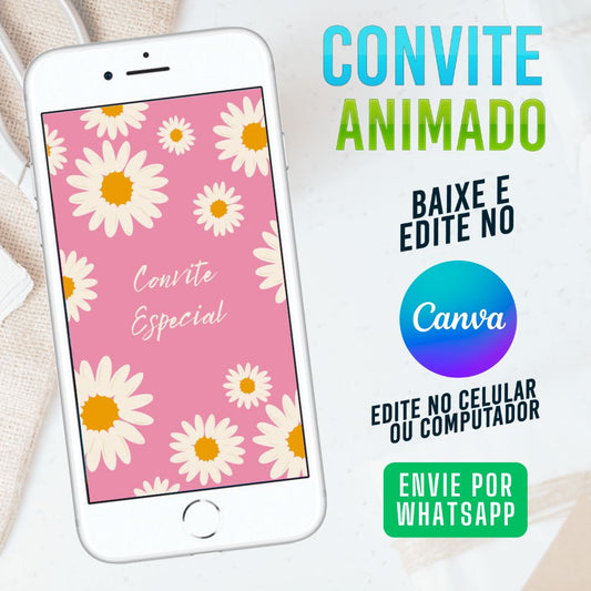Margaridas Convite Animado editável no Canva. Festa Margaridas. Convite animado Margaridas. Template Convite Margarida.