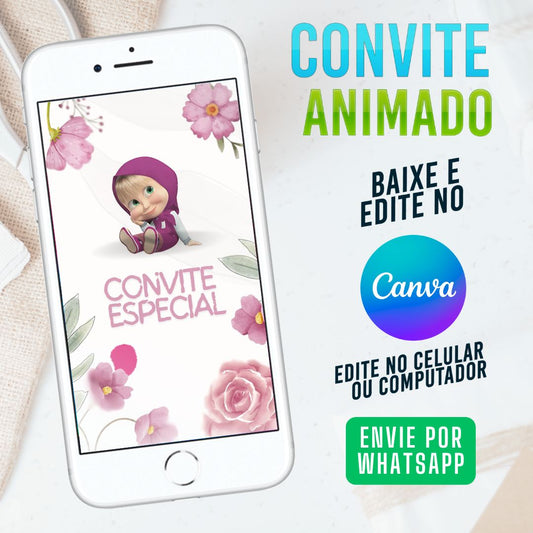 Masha e o Urso Convite Animado editável no Canva. Festa Masha e o Urso. Convite animado Masha e o Urso. Template Convite Masha e o Urso.